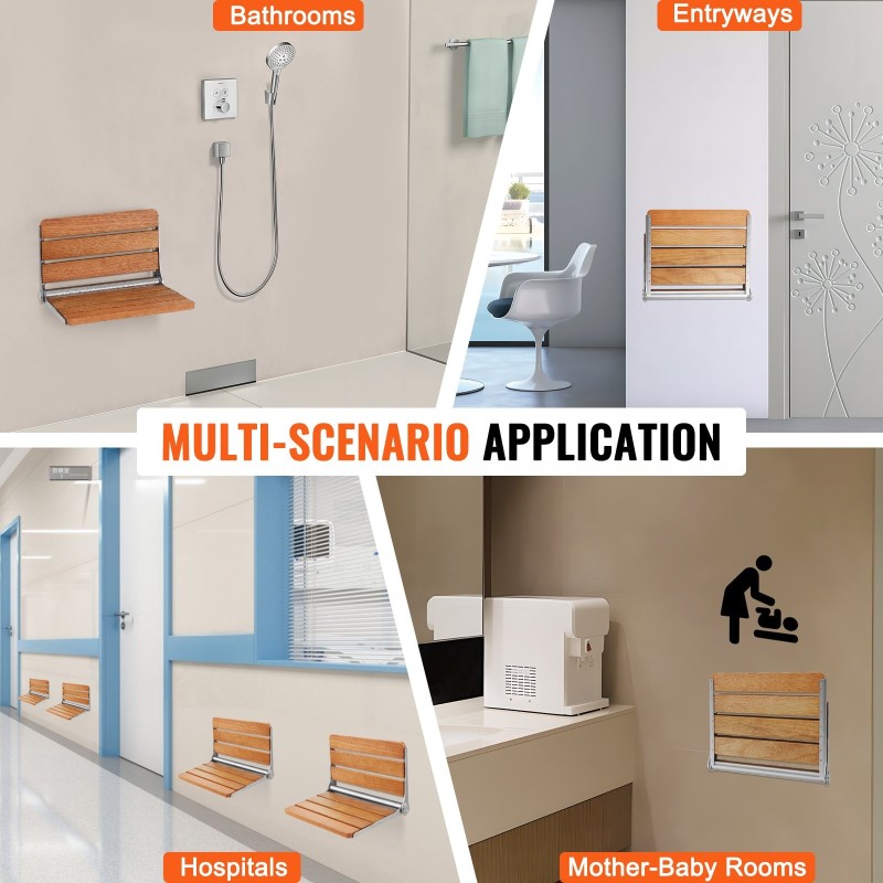 Seinään kiinnitettävä taittuva suihkuistuin täystammesta 40,9×34 cm 199,6 kg