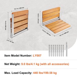 Seinään kiinnitettävä taittuva suihkuistuin täystammesta 40,9×34 cm 199,6 kg