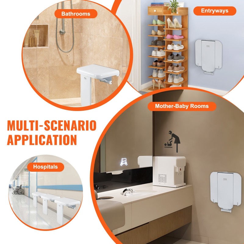 Suihkuistuin ABS-muovinen seinään kiinnitettävä taitettava 200 kg kantavuus