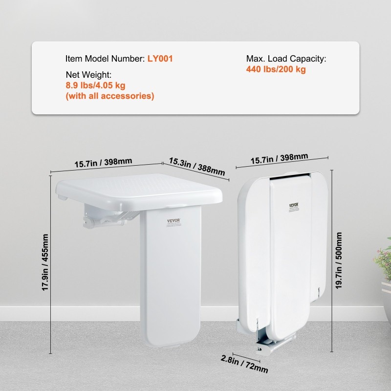 Suihkuistuin ABS-muovinen seinään kiinnitettävä taitettava 200 kg kantavuus