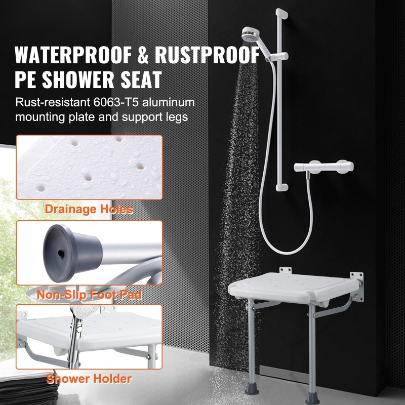 Taitettava seinään kiinnitettävä suihkuistuin PE-muovi 15,7 x 14,8 tuumaa 227 kg kantavuus