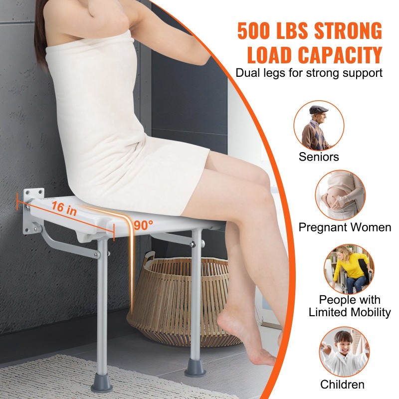 Taitettava seinään kiinnitettävä suihkuistuin PE-muovi 15,7 x 14,8 tuumaa 227 kg kantavuus