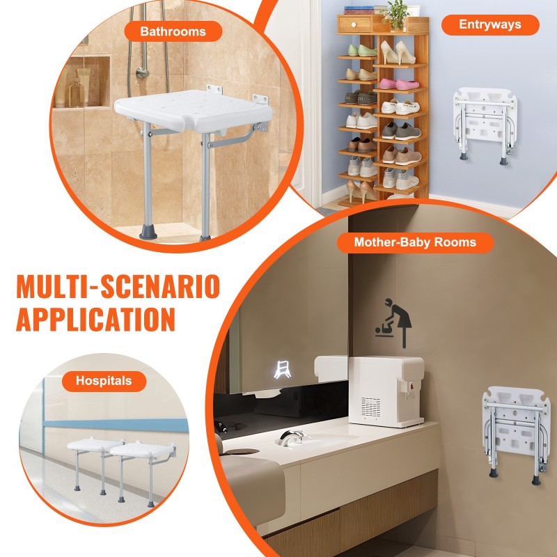 Taitettava seinään kiinnitettävä suihkuistuin PE-muovi 15,7 x 14,8 tuumaa 227 kg kantavuus