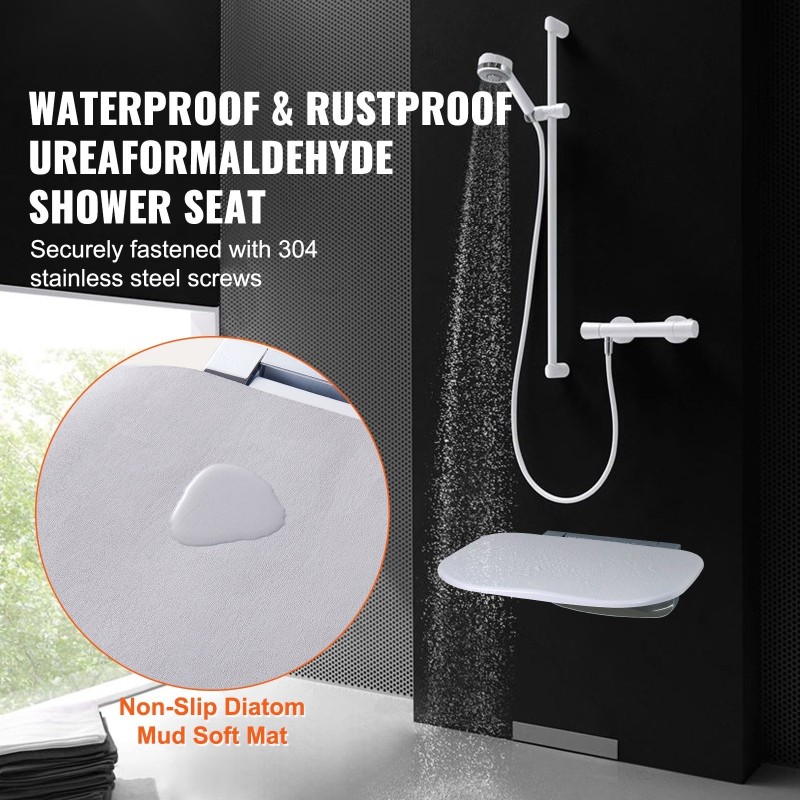 Taittuva seinäkiinnitteinen muovinen suihkuistuin 34,5×32,5 cm 204 kg