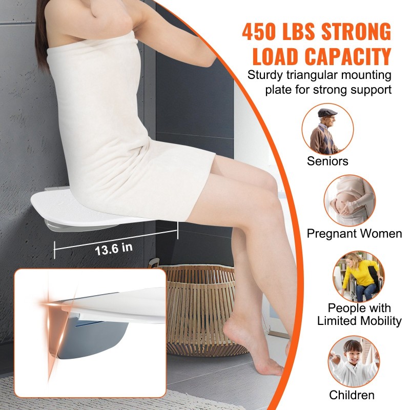 Taittuva seinäkiinnitteinen muovinen suihkuistuin 34,5×32,5 cm 204 kg