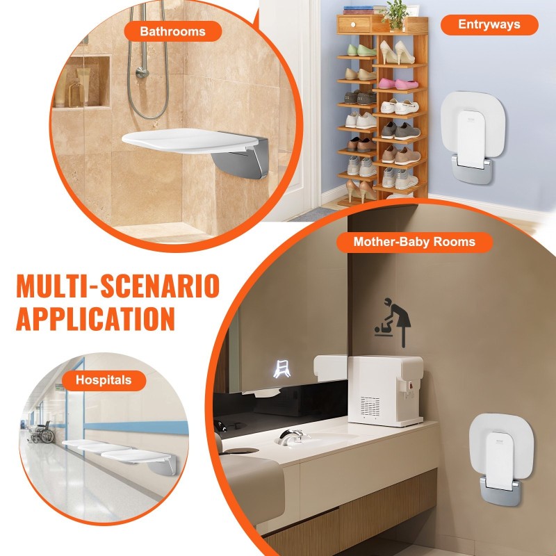 Taittuva seinäkiinnitteinen muovinen suihkuistuin 34,5×32,5 cm 204 kg