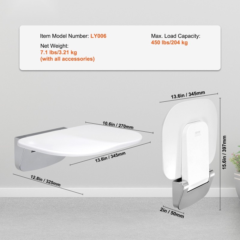 Taittuva seinäkiinnitteinen muovinen suihkuistuin 34,5×32,5 cm 204 kg