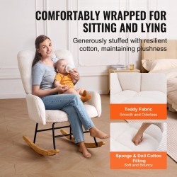 Keinutuoli teddy-kangas kumipuujalusta metallirunko 113,4 kg kantavuus korkeaselkäinen norsunluunvalkoinen imetystuoli