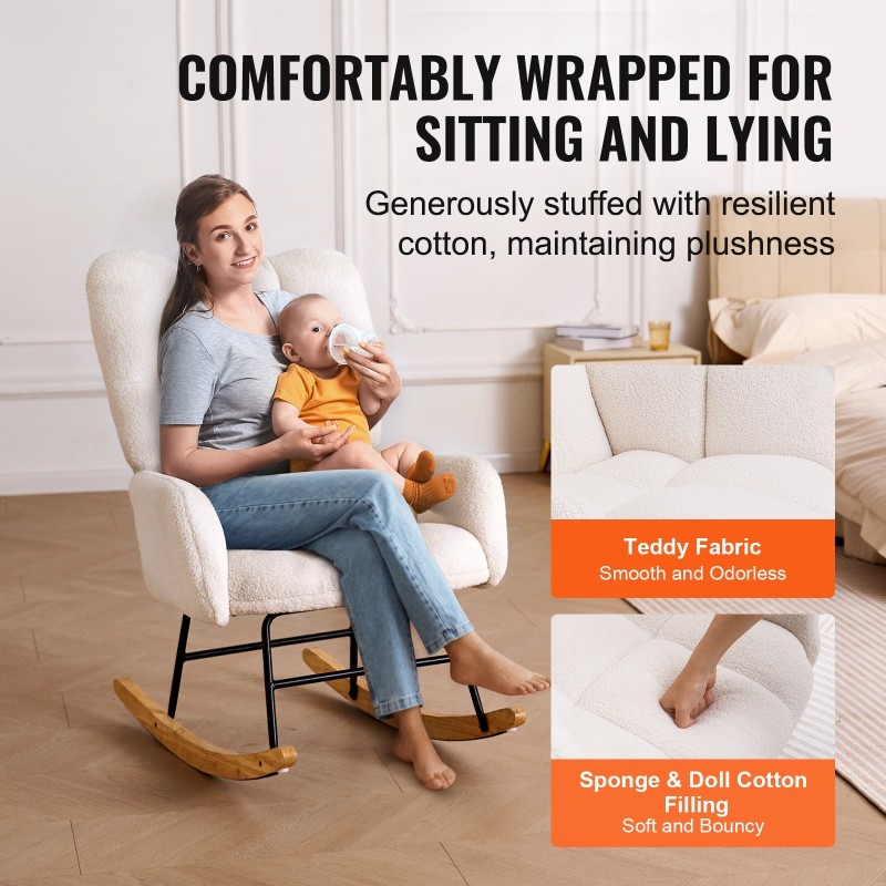 Keinutuoli teddy-kangas kumipuujalusta metallirunko 113,4 kg kantavuus korkeaselkäinen norsunluunvalkoinen imetystuoli