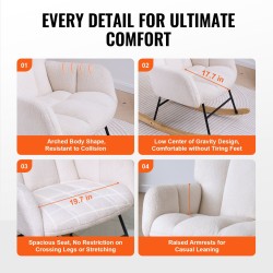 Keinutuoli teddy-kangas kumipuujalusta metallirunko 113,4 kg kantavuus korkeaselkäinen norsunluunvalkoinen imetystuoli