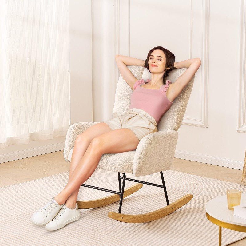 Keinutuoli teddy-kangas kumipuujalusta metallirunko 113,4 kg kantavuus korkeaselkäinen norsunluunvalkoinen imetystuoli