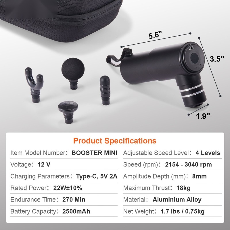 Käsikäyttöinen hierontavasara alumiiniseos 12V 2500mAh akulla 4 nopeustasoa 4 hierontapäätä syväkudoshierontaan