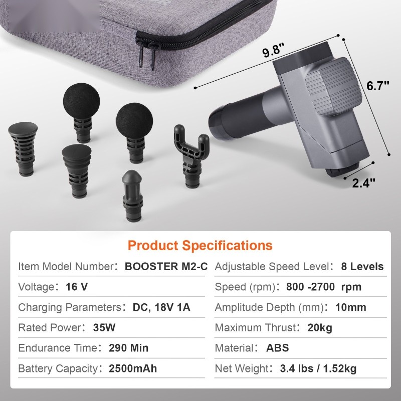 Käsikäyttöinen syväkudoshierontalaite muovi 16V 2500mAh akku 8 nopeustasoa 6 hierontapäätä