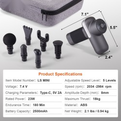 Kädessäpidettävä lihashierontavasara ABS-muovinen 5 nopeustasoa 6 hierontapäätä 2500mAh akku