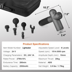 Syväkudoshierontapistooli 8 säädettävää nopeustasoa 6 vaihdettavaa hierontapäätä 24V 2500mAh akku kädessä pidettävä