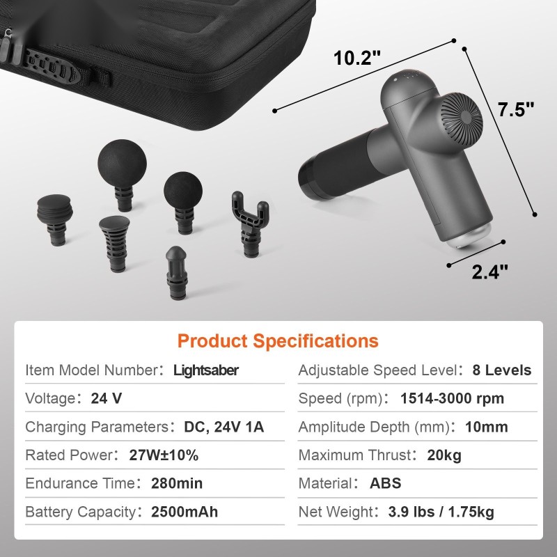 Syväkudoshierontapistooli 8 säädettävää nopeustasoa 6 vaihdettavaa hierontapäätä 24V 2500mAh akku kädessä pidettävä