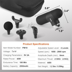 Pieni hierontavasara syväkudoshierontaan ABS-muovi 4 nopeustasoa 4 hierontapäätä 7,4 V 2500 mAh