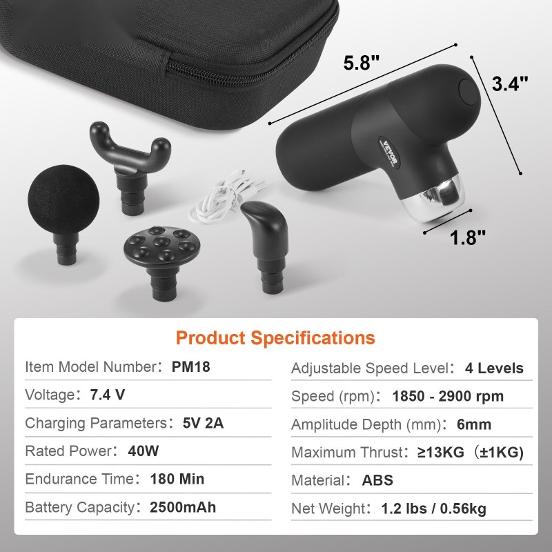Pieni hierontavasara syväkudoshierontaan ABS-muovi 4 nopeustasoa 4 hierontapäätä 7,4 V 2500 mAh
