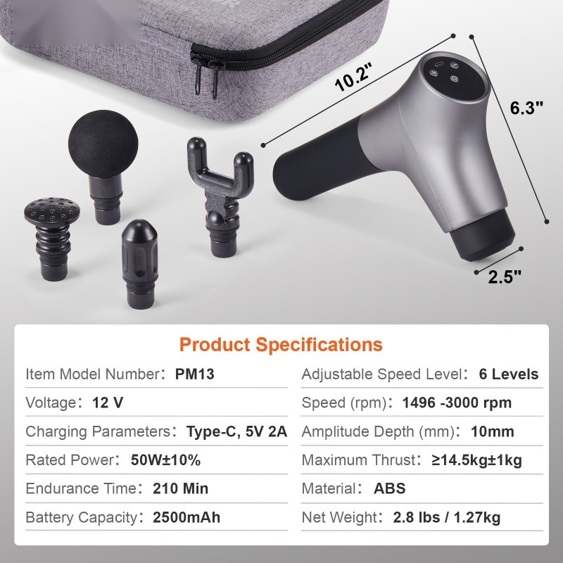 Käsikäyttöinen hierontavasara syväkudoshierontaan 10 mm iskusyvyys 6 nopeustasoa 12V 2500mAh akku