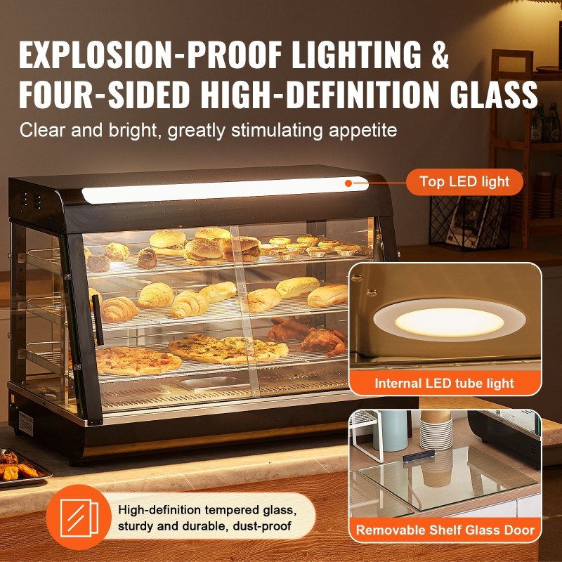 3-tasoinen lämpövitriini 130 l höyrylämmitys säädettävät hyllyt 30–85°C