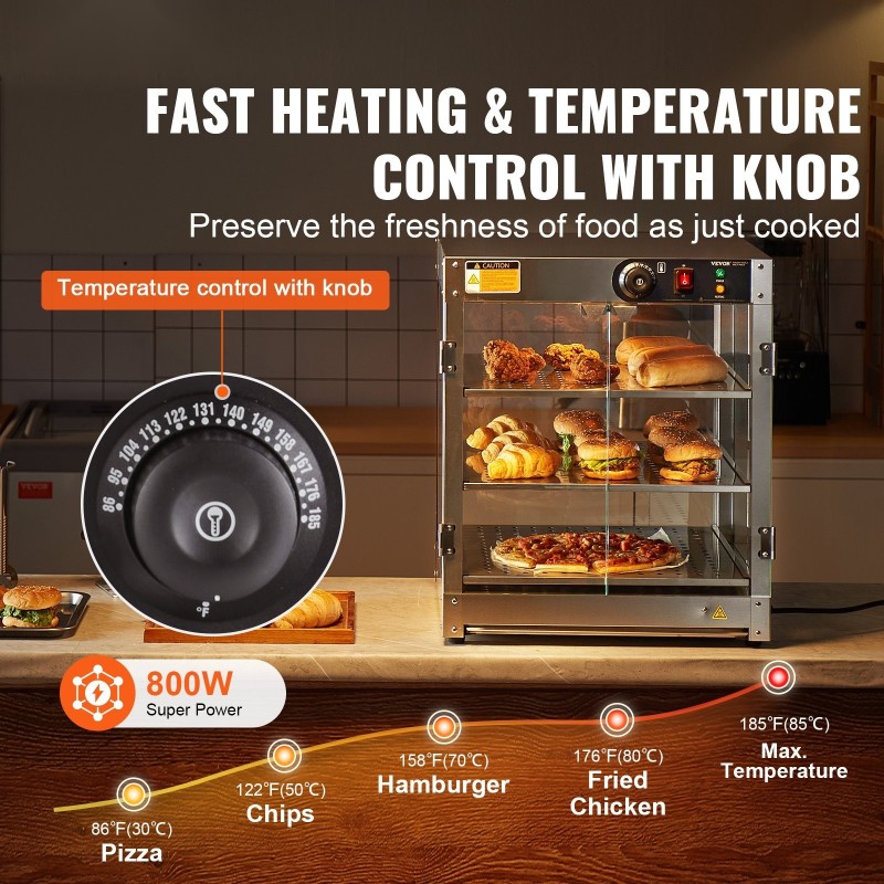 Kaupallinen 3-tasoinen lämpövitriini ruostumatonta terästä 90 litraa 30–85 astetta 800 wattia sisävalolla