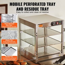 Kaupallinen 3-tasoinen lämpövitriini ruostumatonta terästä 90 litraa 30–85 astetta 800 wattia sisävalolla