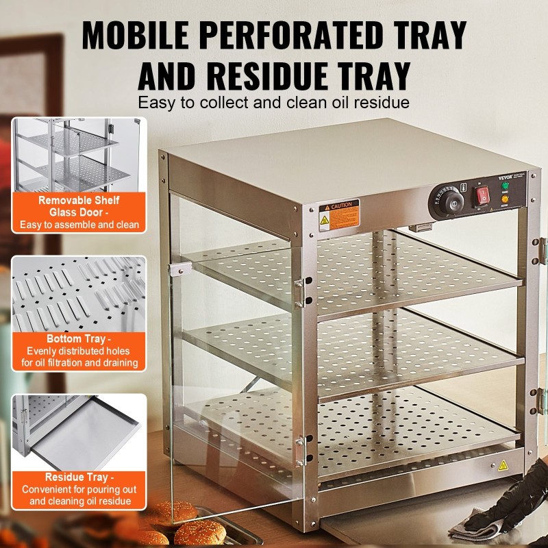 Kaupallinen 3-tasoinen lämpövitriini ruostumatonta terästä 90 litraa 30–85 astetta 800 wattia sisävalolla