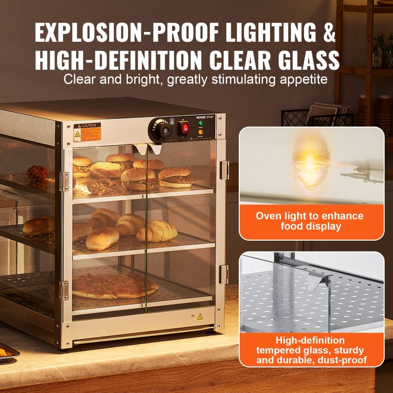 Kaupallinen 3-tasoinen lämpövitriini ruostumatonta terästä 90 litraa 30–85 astetta 800 wattia sisävalolla