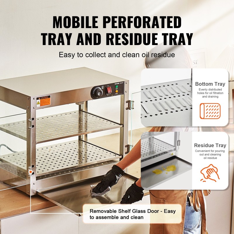 Kaksitasoinen lämpövitriini ruostumattomasta teräksestä ja karkaistusta lasista 58L 30–85°C sisävalaistus