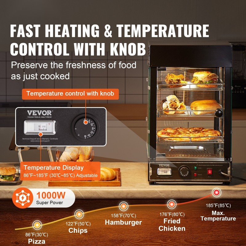 Kolmitasoinen lämpövitriini 57 l höyrylämmitys 1000 W ruostumatonta terästä ja karkaistua lasia