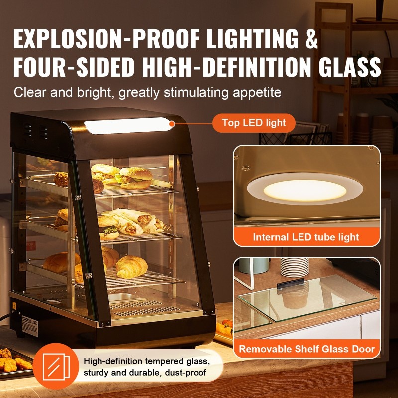 Kolmitasoinen lämpövitriini 57 l höyrylämmitys 1000 W ruostumatonta terästä ja karkaistua lasia