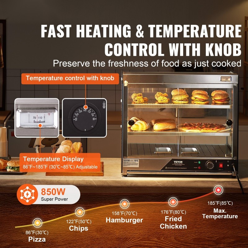 Kaupallinen lämpövitriini kaksitasoinen 111 l kapasiteetti höyrylämmitys karkaistu lasi lämpötila 30–85 celsiusastetta