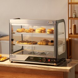 Kaupallinen lämpövitriini kaksitasoinen 111 l kapasiteetti höyrylämmitys karkaistu lasi lämpötila 30–85 celsiusastetta