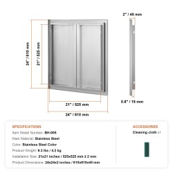 Ulkokeittiön ruostumaton teräs kaksoisovi 610x610 mm upotetut kahvat