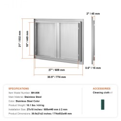 Ulkokeittiöovi ruostumattomasta teräksestä 774x532 mm upotettava piilotetuilla vetimillä sopii grillisaarekkeisiin ja
