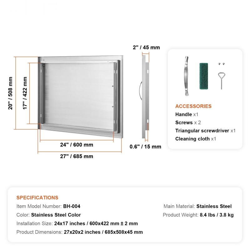 Ulkokeittiön eristysovi ruostumaton teräs yksilehtinen upotettava 685x508 mm kahvalla