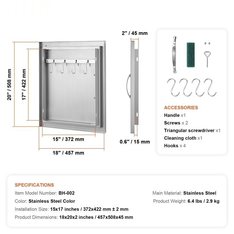 Upotettava ruostumaton teräs ulkokeittiön kaapin luukku kahvalla 457x508 mm