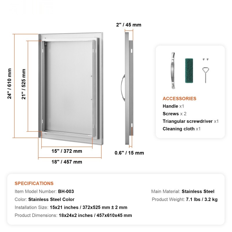 Ulkokeittiön seinään upotettava ruostumaton teräsovi 457x610 mm kahvalla