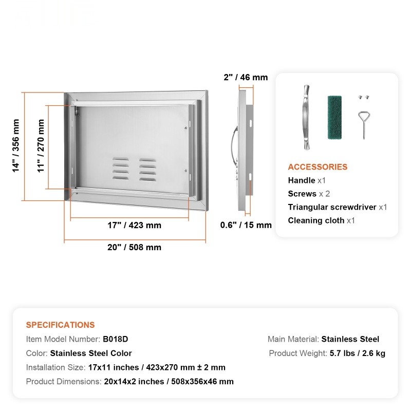 Ulkokeittiön ovi ruostumattomasta teräksestä 508x356 mm upotettava kahvalla