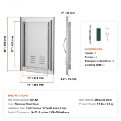Ulkokeittiön huolto-ovi ruostumatonta terästä 356x508 mm yksiovinen kahvalla irrotettava
