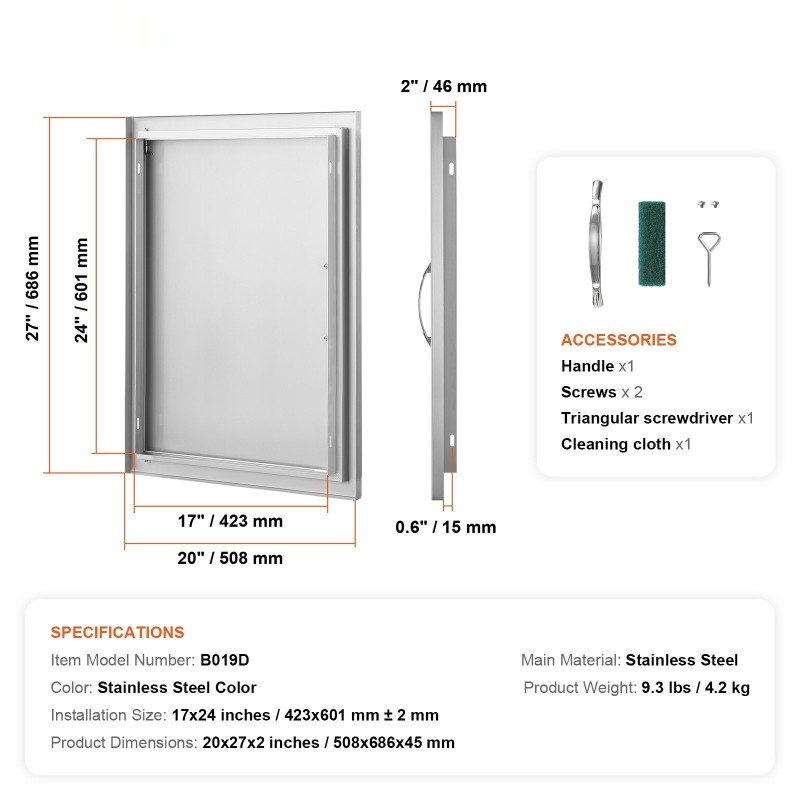 Ruostumaton teräs kaapin luukku 508x686x46 mm yksiosainen kahvallinen ulkokeittiöön