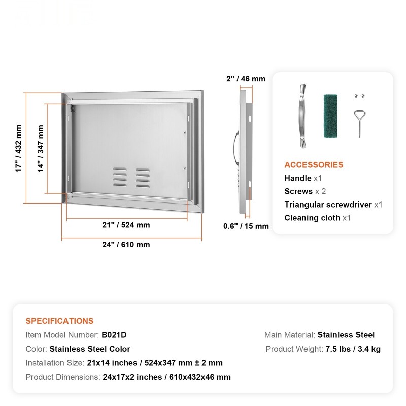 Teräsovi ulkokeittiöön ruostumattomasta teräksestä 610x432 mm yksiosainen saumaton kahvallinen