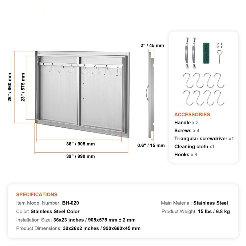 Ulkokeittiön kaksiosainen ruostumaton teräsluukku upotettava kahvalla 990x660 mm