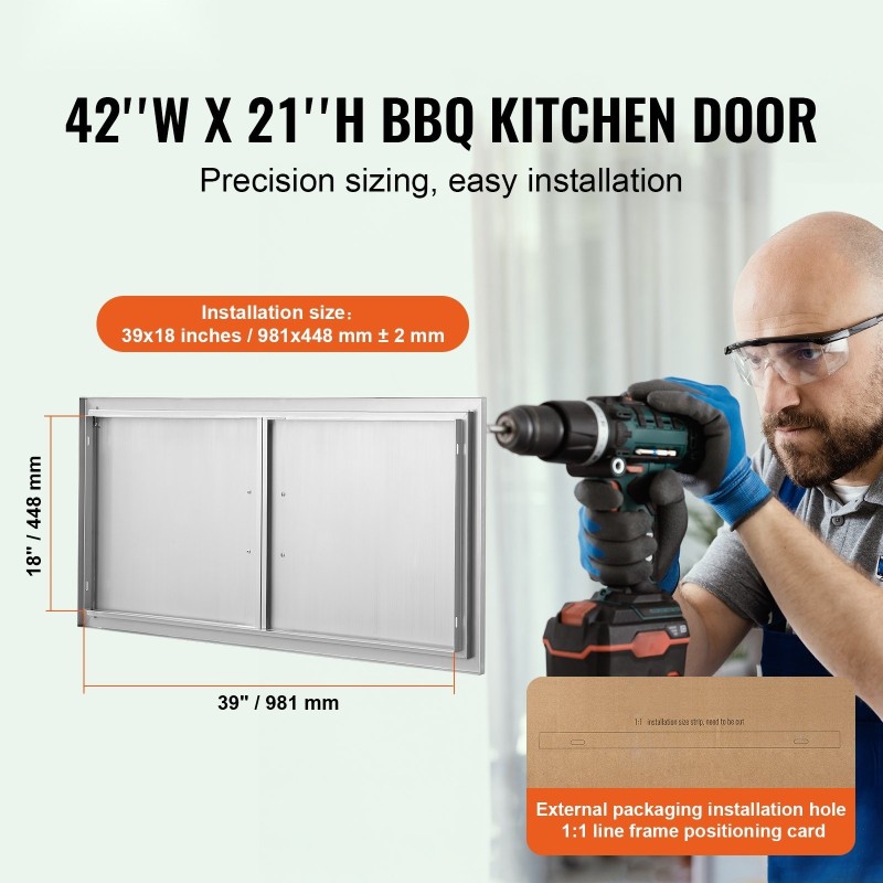 Ulkokeittiön seinään upotettava kaksoisovi ruostumattomasta teräksestä 1067×534 millimetriä kahvalla