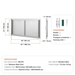 Ulkokeittiön seinään upotettava kaksoisovi ruostumattomasta teräksestä 1067×534 millimetriä kahvalla