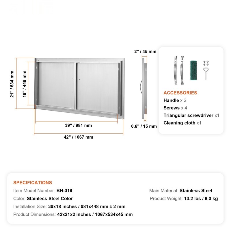 Ulkokeittiön seinään upotettava kaksoisovi ruostumattomasta teräksestä 1067×534 millimetriä kahvalla