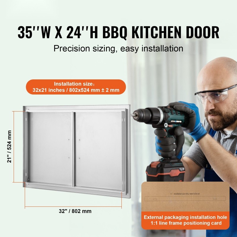 Ulkokeittiön kaapin kaksiosainen upotettava ovi ruostumaton teräs 889x610 mm