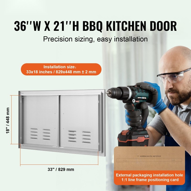 Seinään upotettava kaksiosainen ulkokeittiön kaapin ovi kahvalla ruostumattomasta teräksestä 914x534 mm