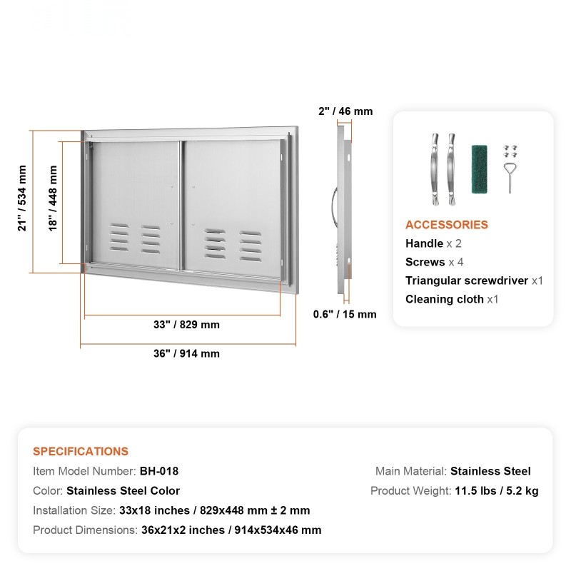 Seinään upotettava kaksiosainen ulkokeittiön kaapin ovi kahvalla ruostumattomasta teräksestä 914x534 mm
