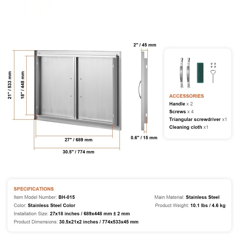 Ulkokeittiön kaksoisovi ruostumattomasta teräksestä 774x533 mm uppoasennettava kahvoilla
